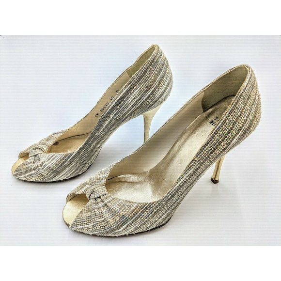 Stuart Weitzman Women's Heel Shoes Open Toe Gold Sparkle Bow Pump 4" Size 10M - Picture 1 of 6